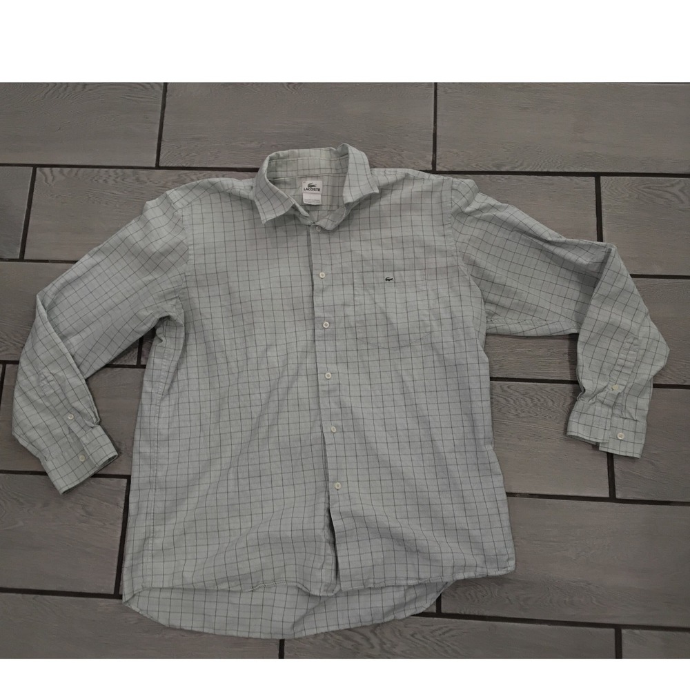 Lacoste Mens Short Sleeve Button Down Shirt Light Blue Checkered Pocket Croc -XL